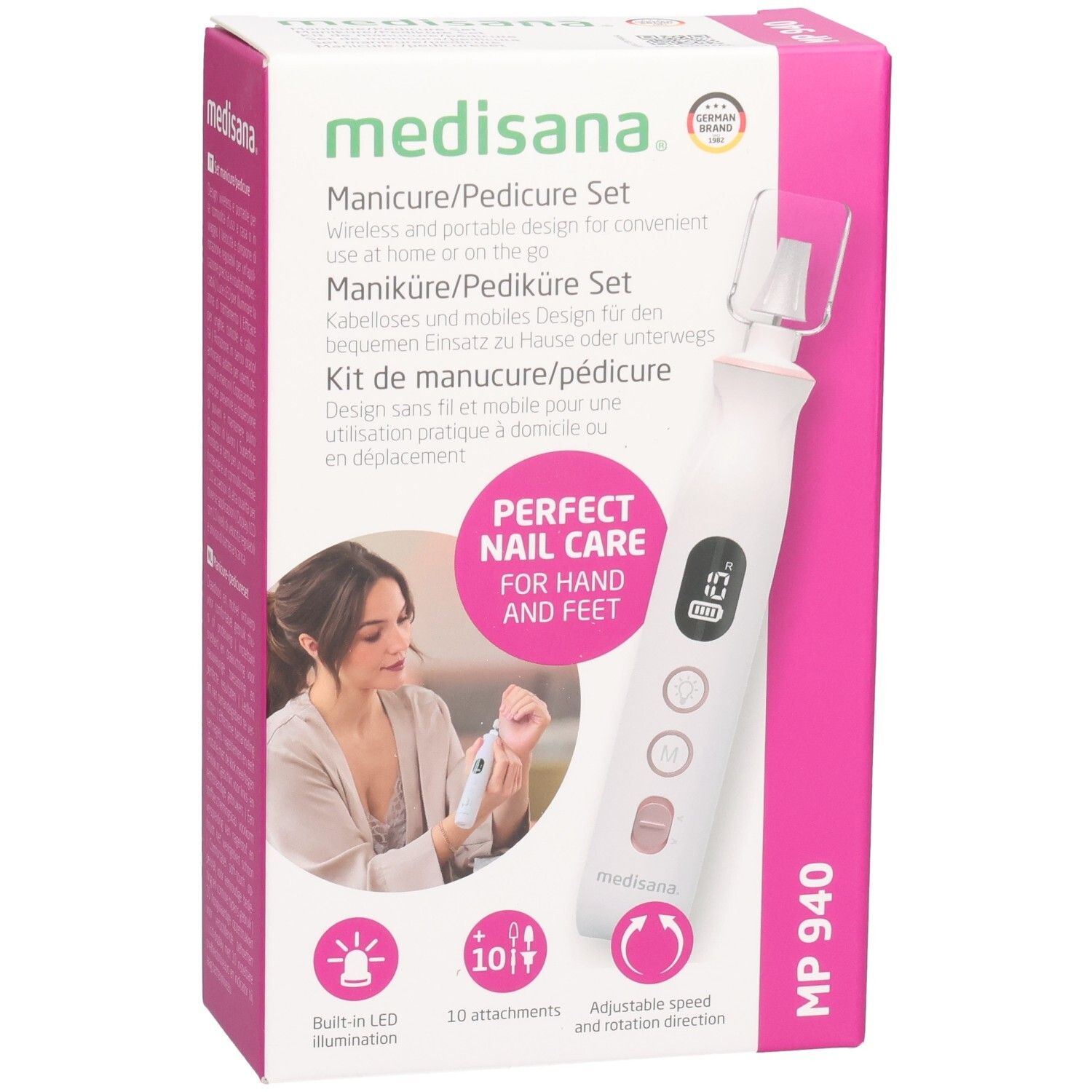 Medisana Maniküre/Pediküre Set. Rosa-weiße Verpackung. Produkt und Frau auf der Vorderseite. MP 940. 10 Aufsätze, LED-Beleuchtung.