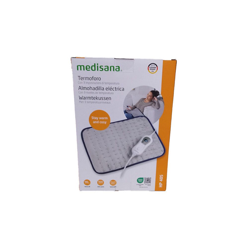Produktverpackung mit Heizkissen. Aufdrucke: medisana, Termoforo, Almohadilla eléctrica, Warmtekussen. Abbildung des Produkts.