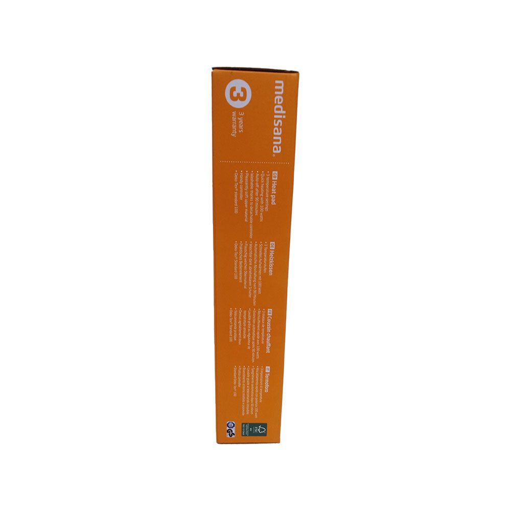 Produktverpackung, orange. Aufschrift: medisana. 3 Jahre Garantie. Text in mehreren Sprachen.