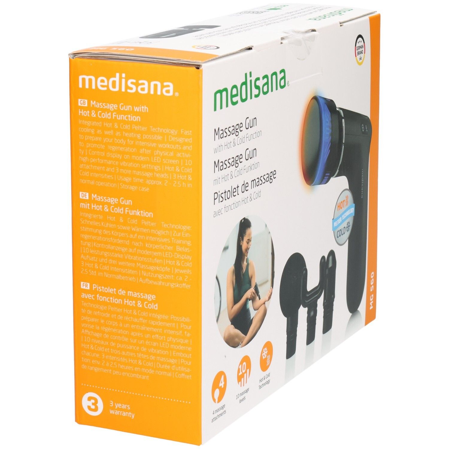 Verpackung der Massagepistole MG 560 von medisana. Seitenansicht mit Produktinformationen und 3 Jahren Garantie.