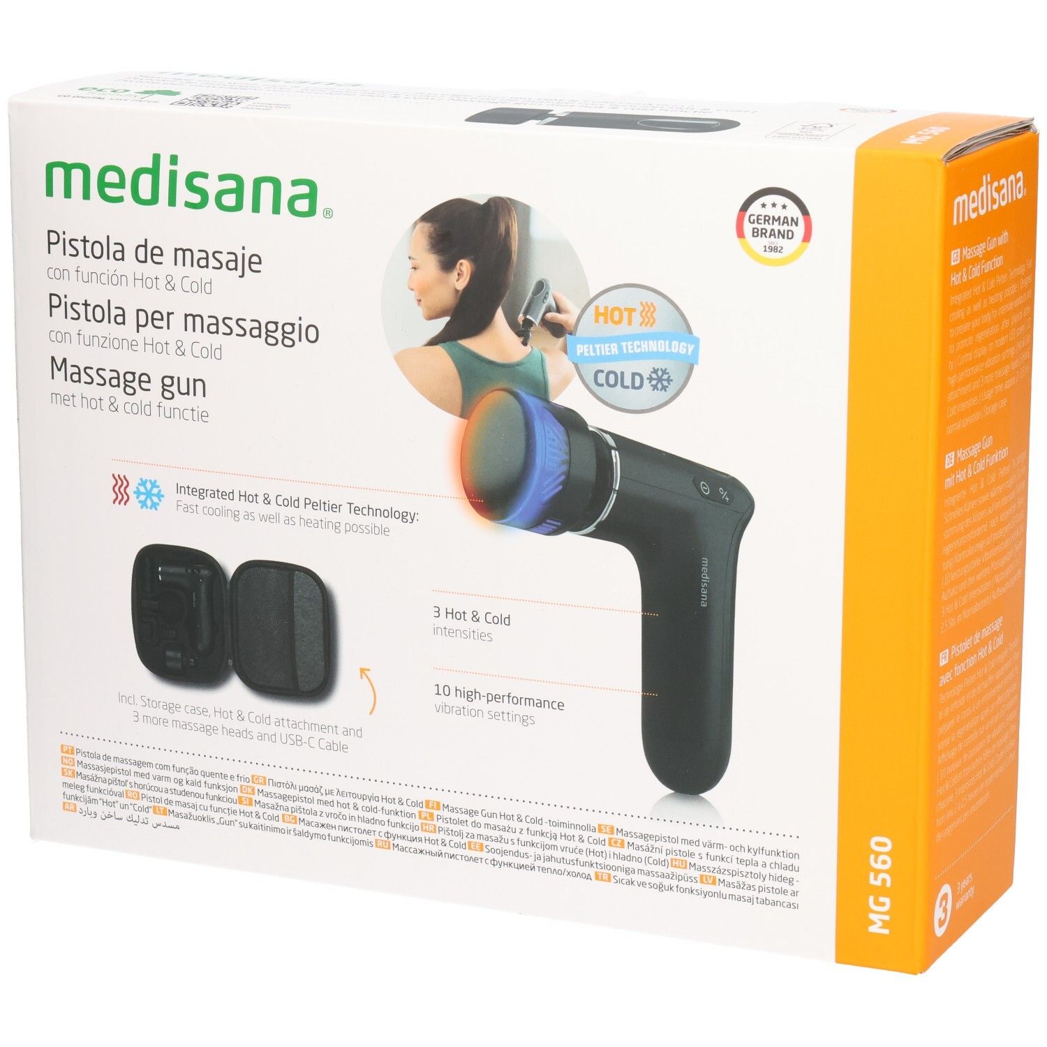 Verpackung der Massagepistole MG 560 von medisana. Enthält Massagepistole, 3 Aufsätze, und Zubehör. Mit Hot & Cold Funktion.