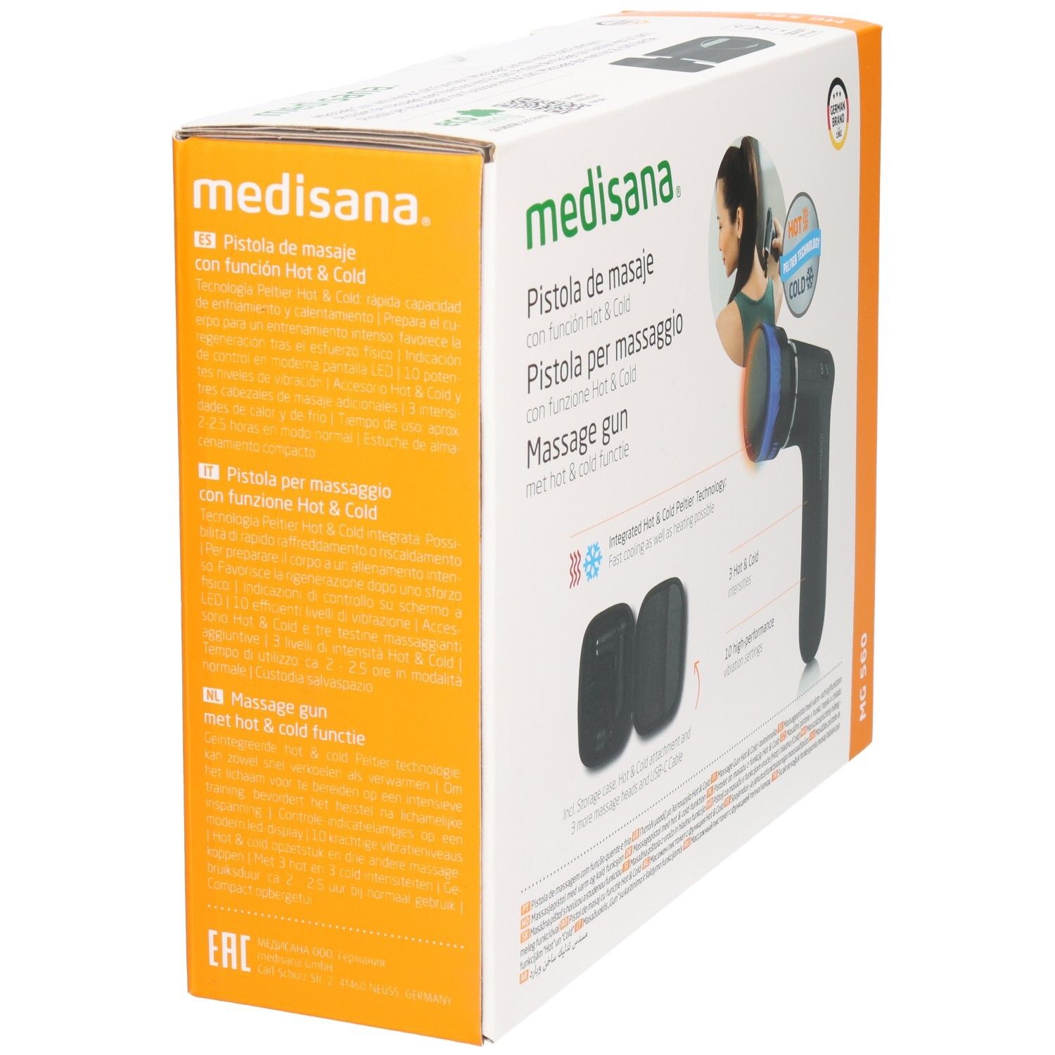 Verpackung der Massagepistole MG 560 von medisana. Seitenansicht mit Produktinformationen und 3 Jahren Garantie.
