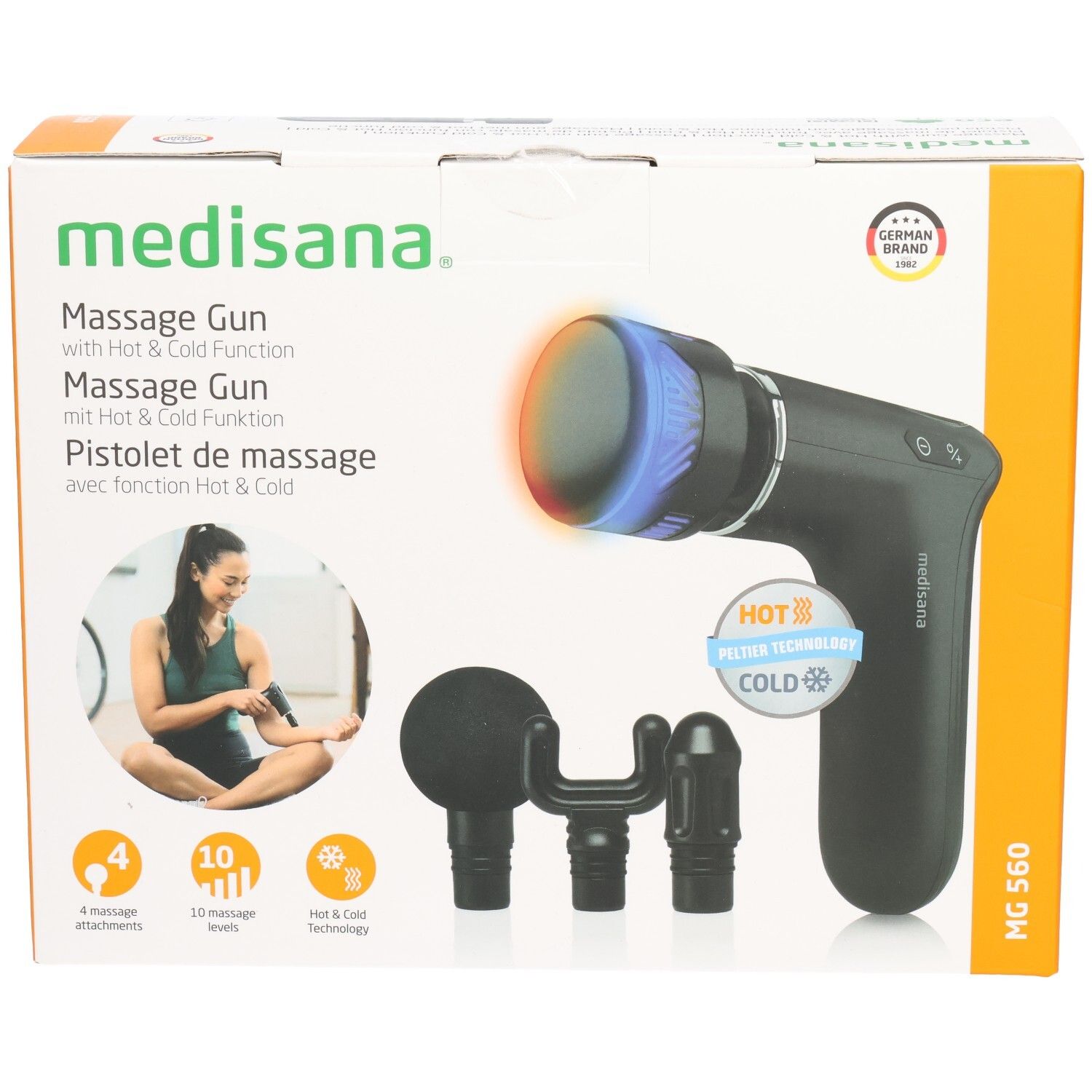 Verpackung der Massagepistole MG 560 von medisana. Enthält Massagepistole, 3 Aufsätze, und Zubehör. Mit Hot & Cold Funktion.