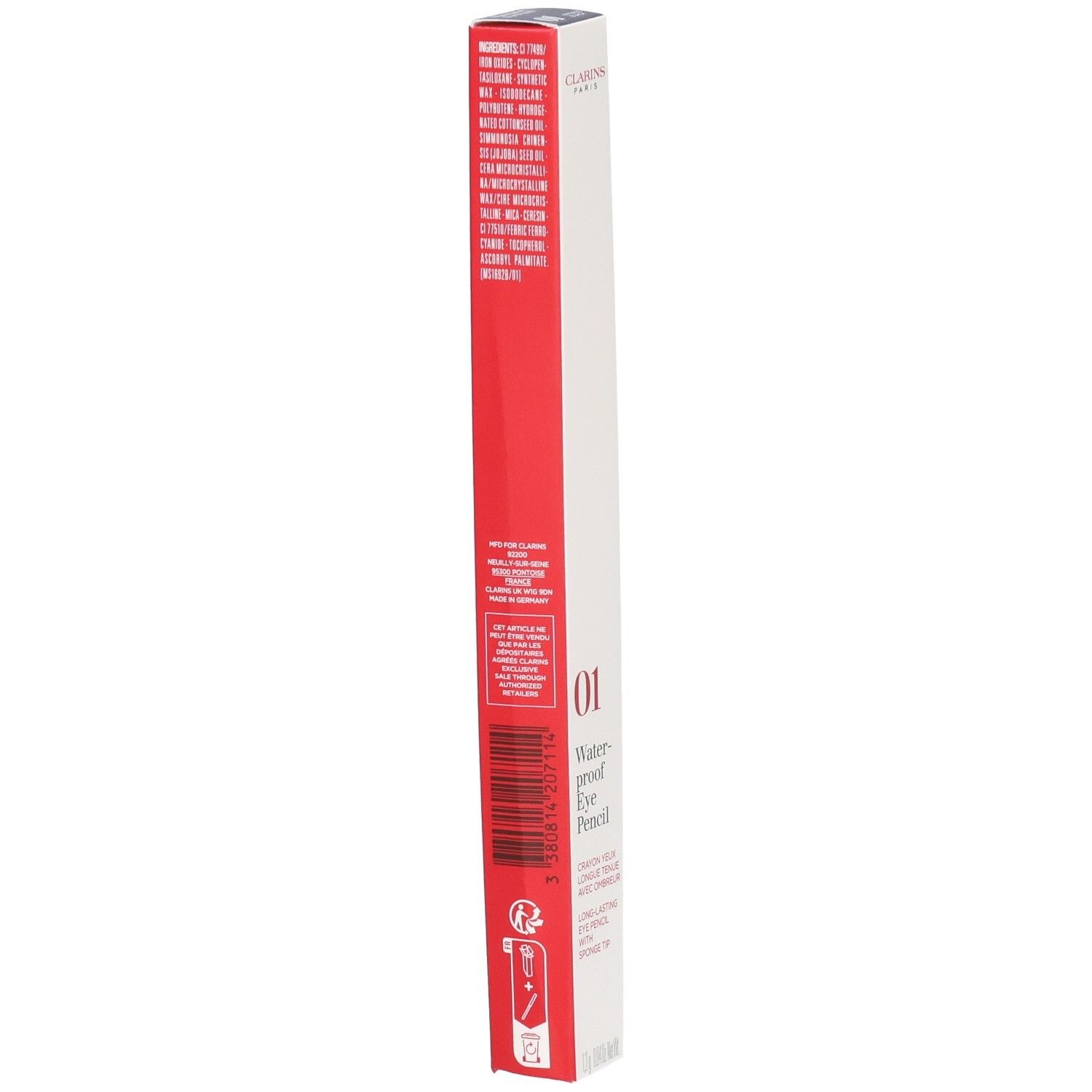Verpackung des CLARINS CRAYON YEUX WP 01 NOIR, mit Inhaltsstoffen und Barcode.