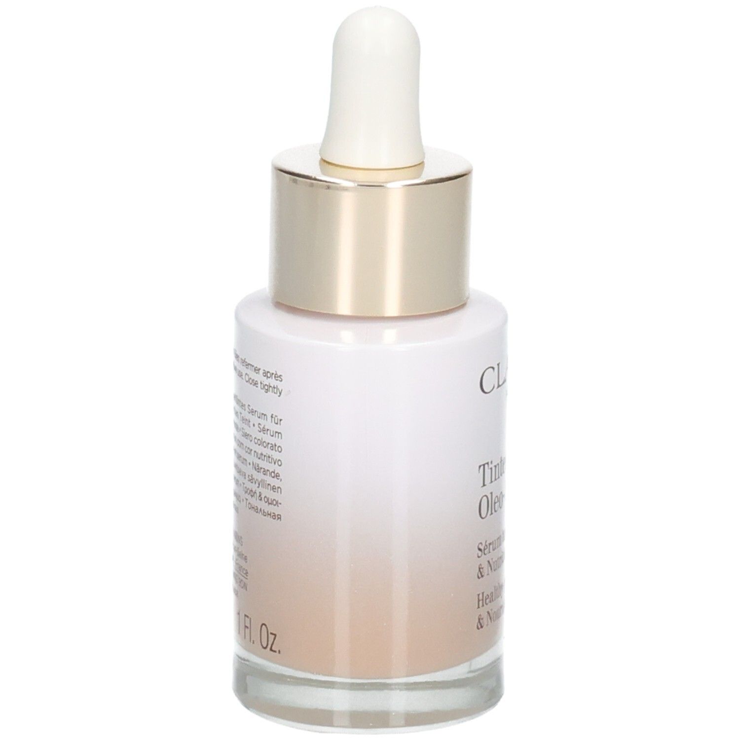 Clarins Tinted Oleo-Serum Flasche mit Pipette, Rückseite mit Anwendungshinweisen, 30ml.