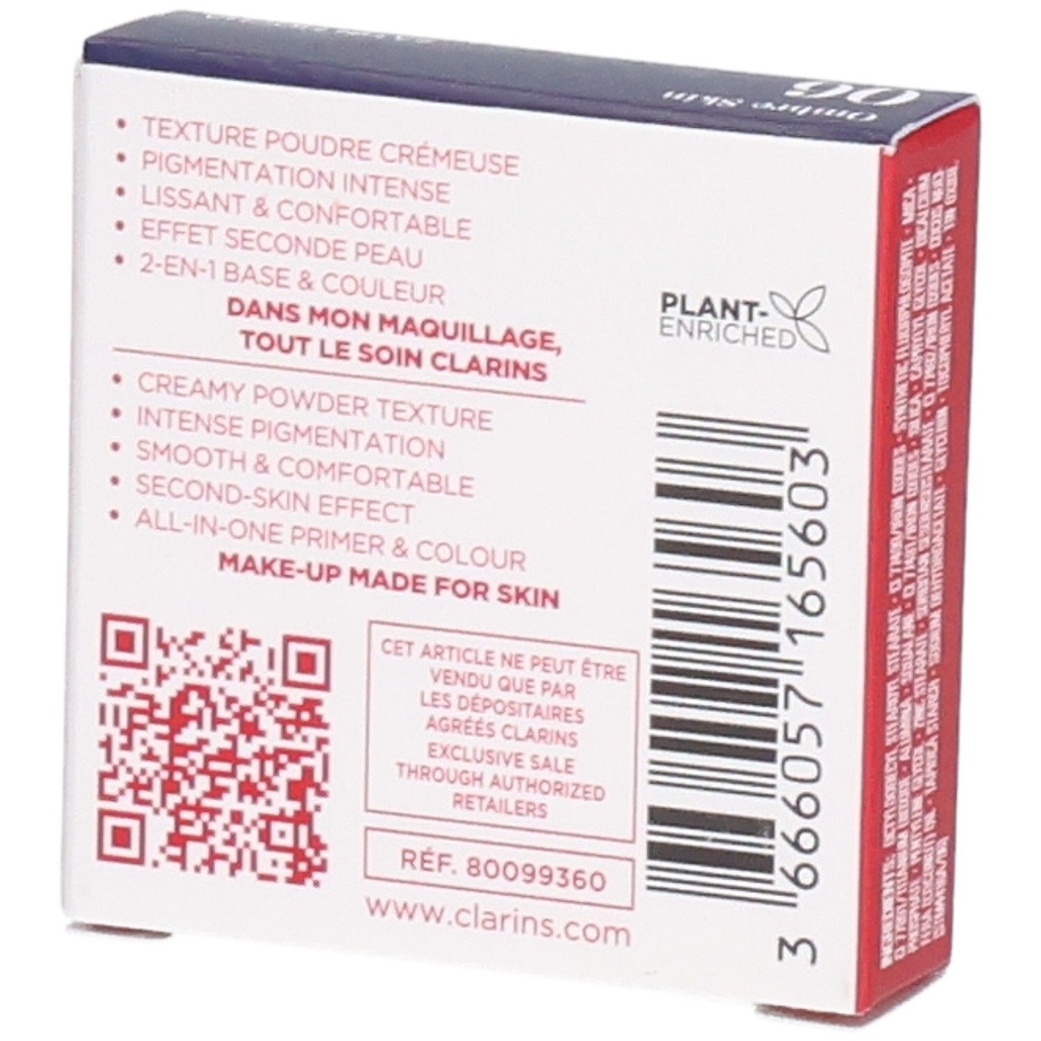 Clarins Ombre Skin Lidschatten 06 Satin Mocha, Puder. Rückseite der Verpackung mit Produktmerkmalen und QR-Code.