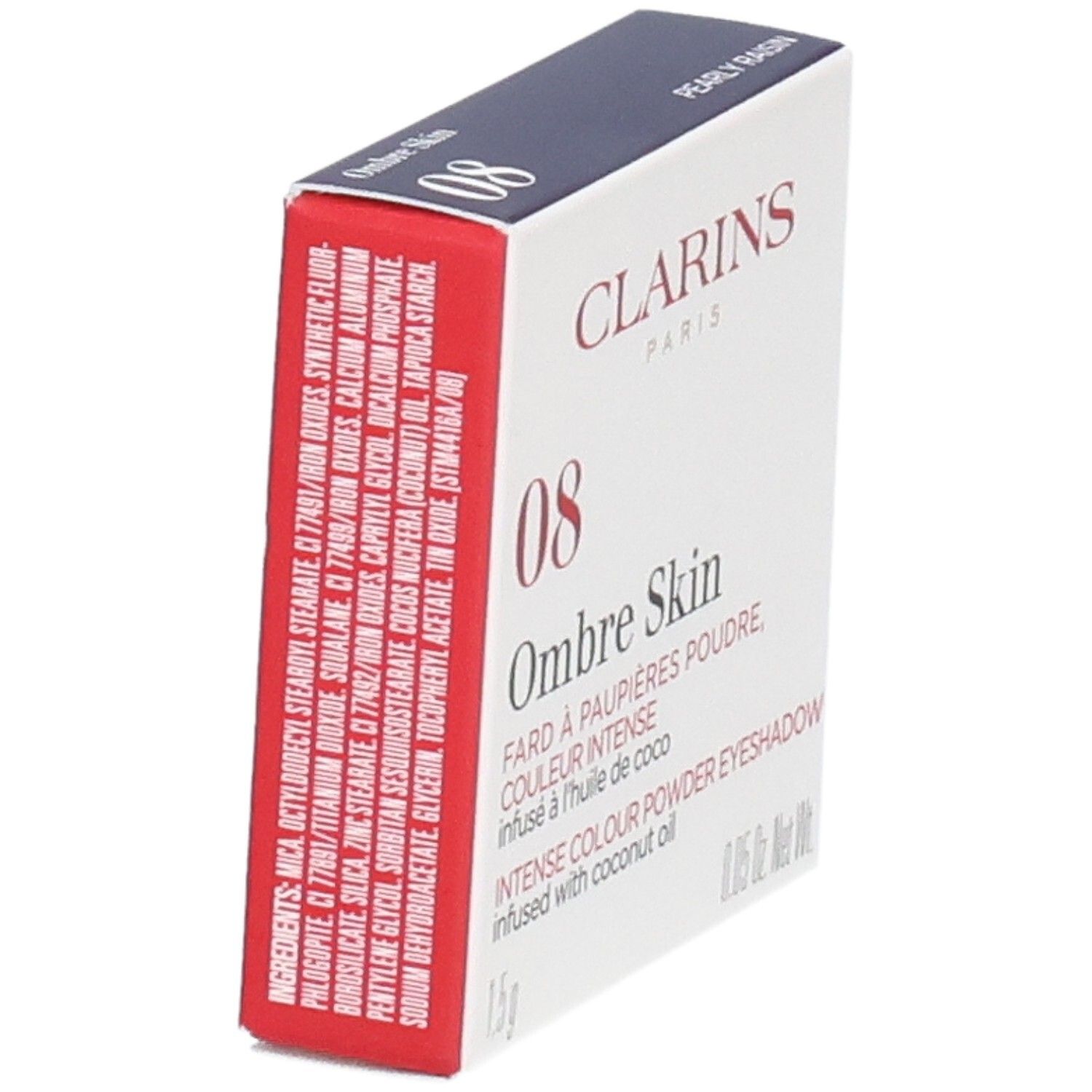 Clarins Ombre Skin Lidschatten, Farbe 08 Pearly Raisin, Rückseite mit Inhaltsstoffen.
