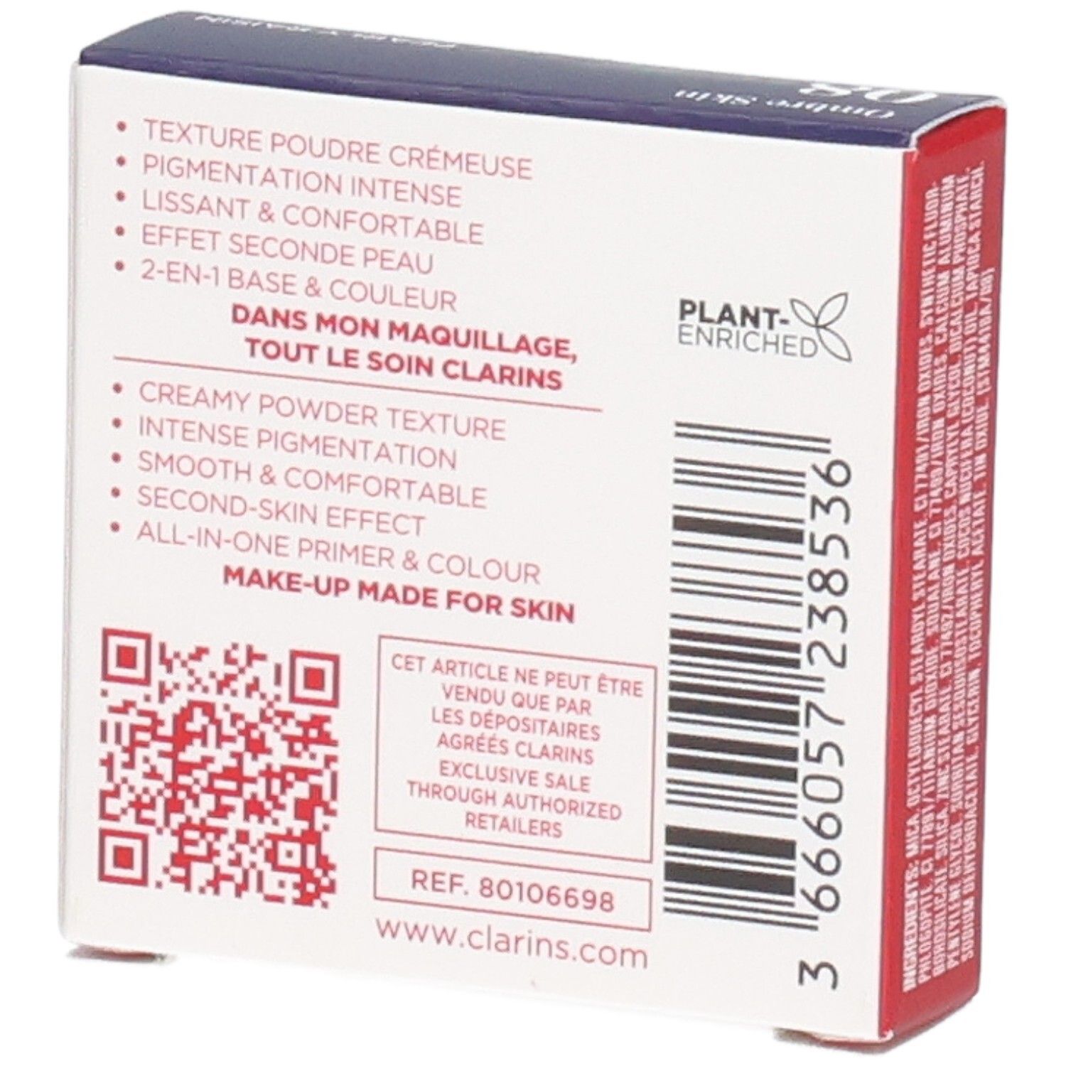Clarins Ombre Skin Lidschatten, Farbe 08 Pearly Raisin, Rückseite mit Produktmerkmalen.