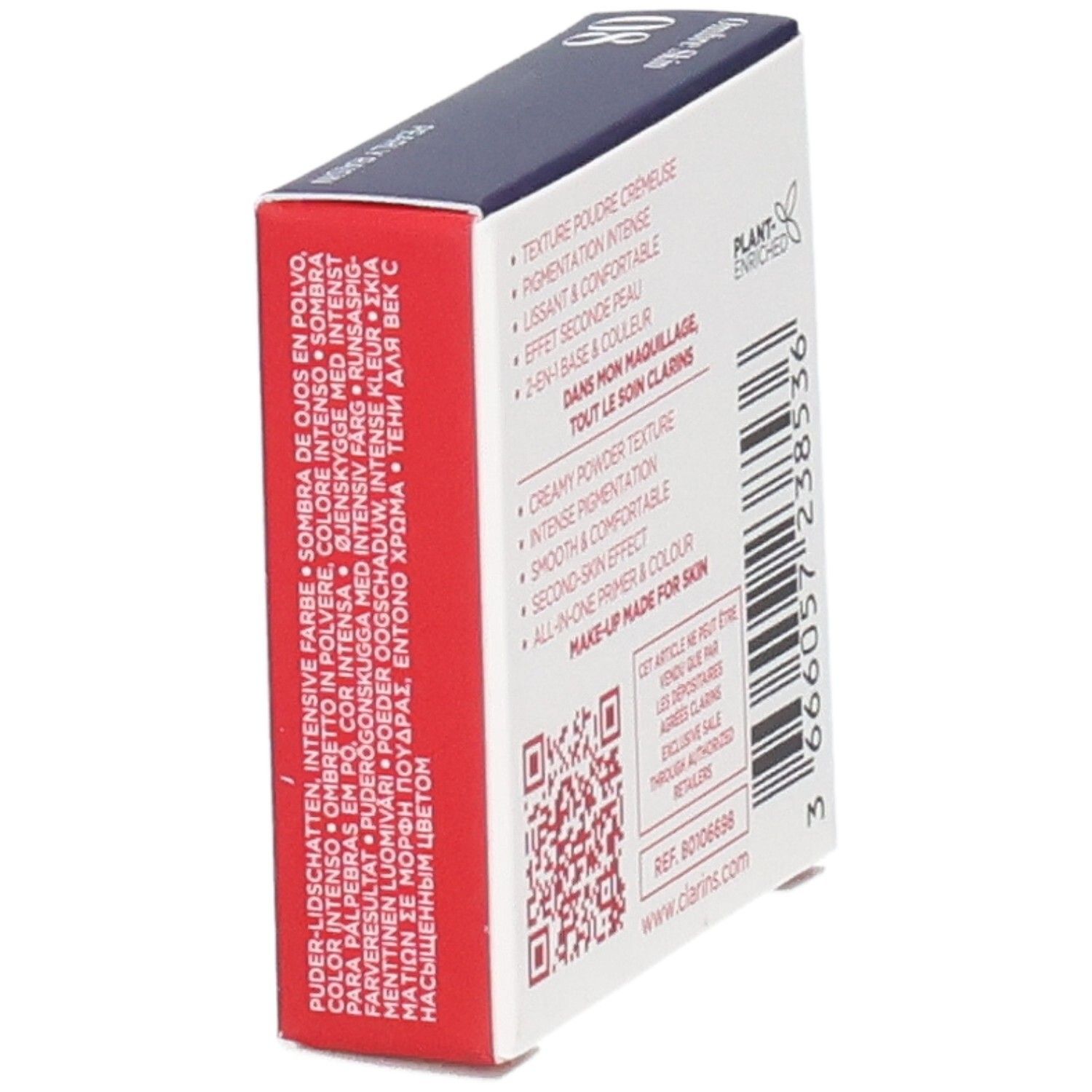 Clarins Ombre Skin Lidschatten, Farbe 08 Pearly Raisin, Seite mit Produktbeschreibung.