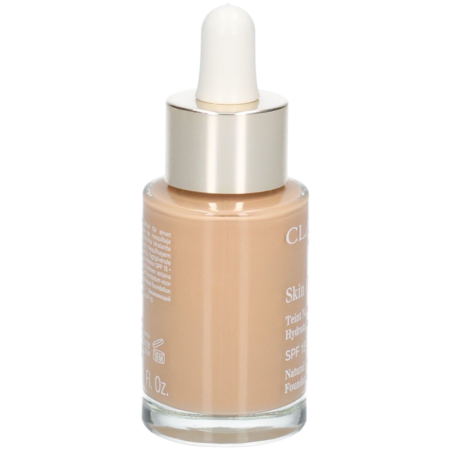 Clarins Skin Illusion Foundation, 112,3N. Rückseite der Glasflasche mit Pipette. SPF 15.