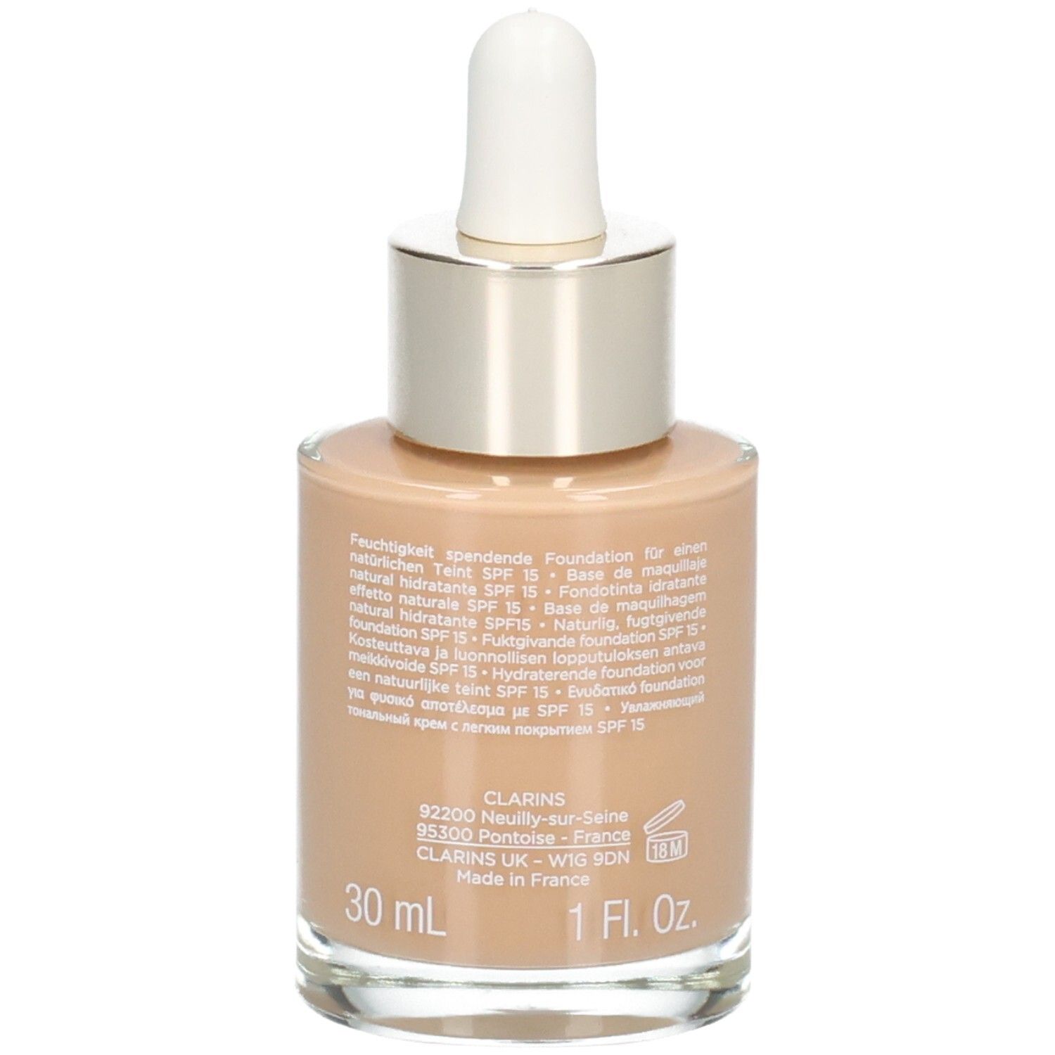 Clarins Skin Illusion Foundation, 112,3N. Glasflasche mit Pipette, 30 ml. Hergestellt in Frankreich.