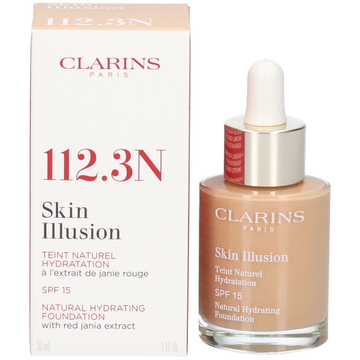 Clarins Skin Illusion Foundation, 112,3N. Produkt und Verpackung. SPF 15.