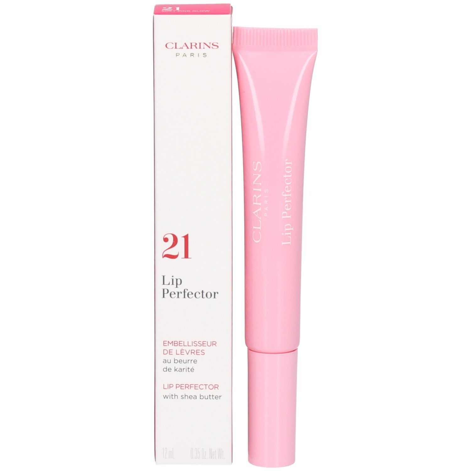 Clarins Lip Perfector 21 Soft Pink Glow mit Verpackung. Rosa Tube und weiße Box mit Produktinformationen.