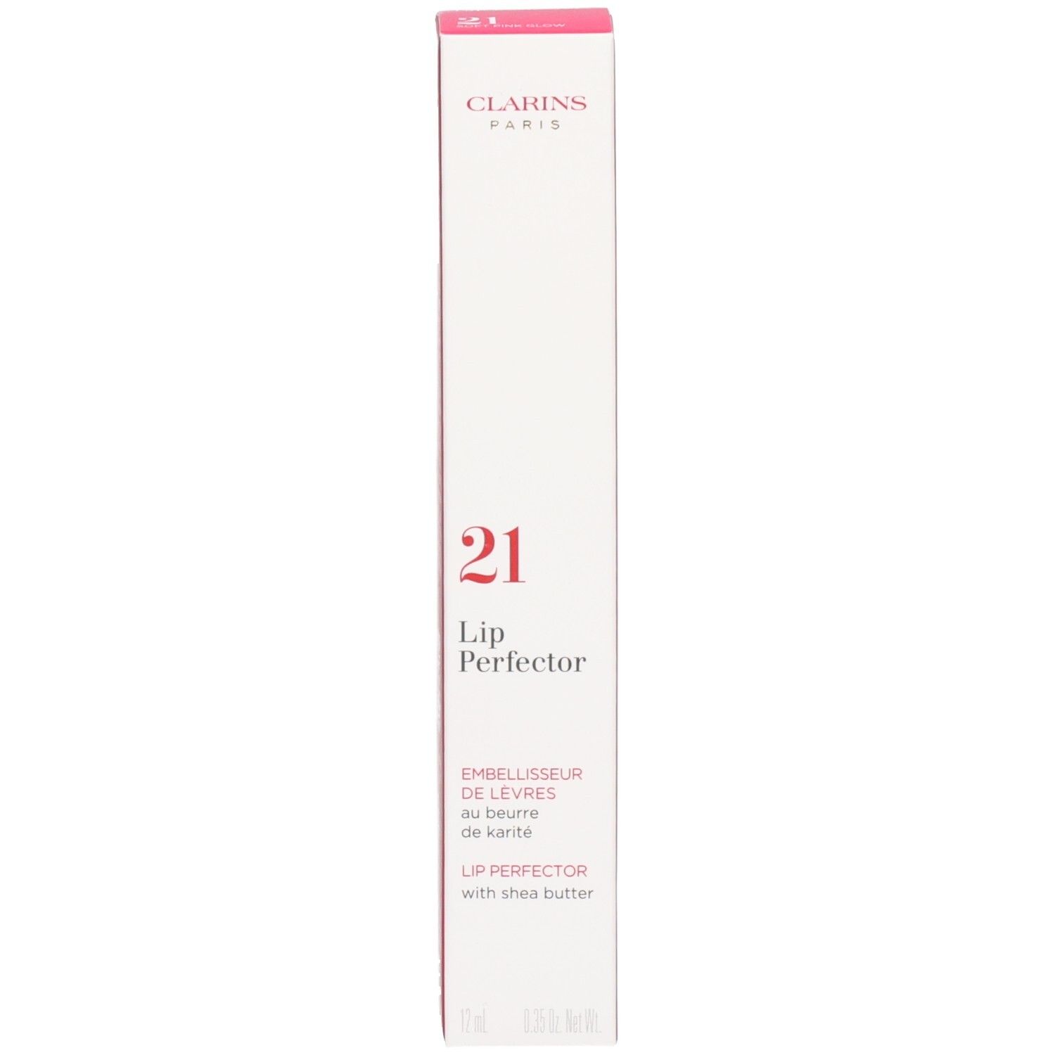 Verpackung Clarins Lip Perfector 21 Soft Pink Glow. Weiße Box mit rosa Akzenten und Produktnamen.