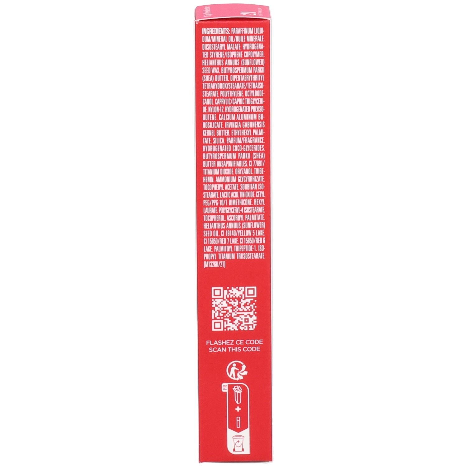 Rückseite der Clarins Lip Perfector 21 Soft Pink Glow Verpackung mit Inhaltsstoffen und QR-Code.