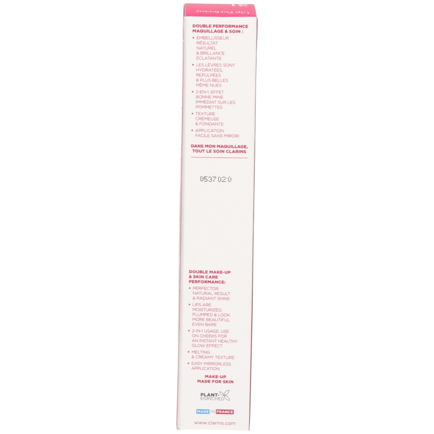 Seite der Clarins Lip Perfector 21 Soft Pink Glow Verpackung mit Produktvorteilen auf Englisch und Französisch.