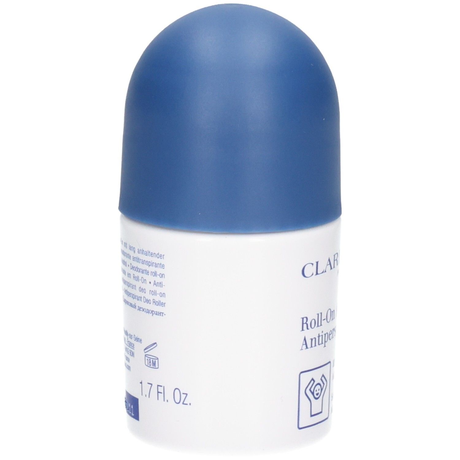Clarins Roll-On Antitranspirant, 50ml. Weißer Behälter mit blauem Deckel.