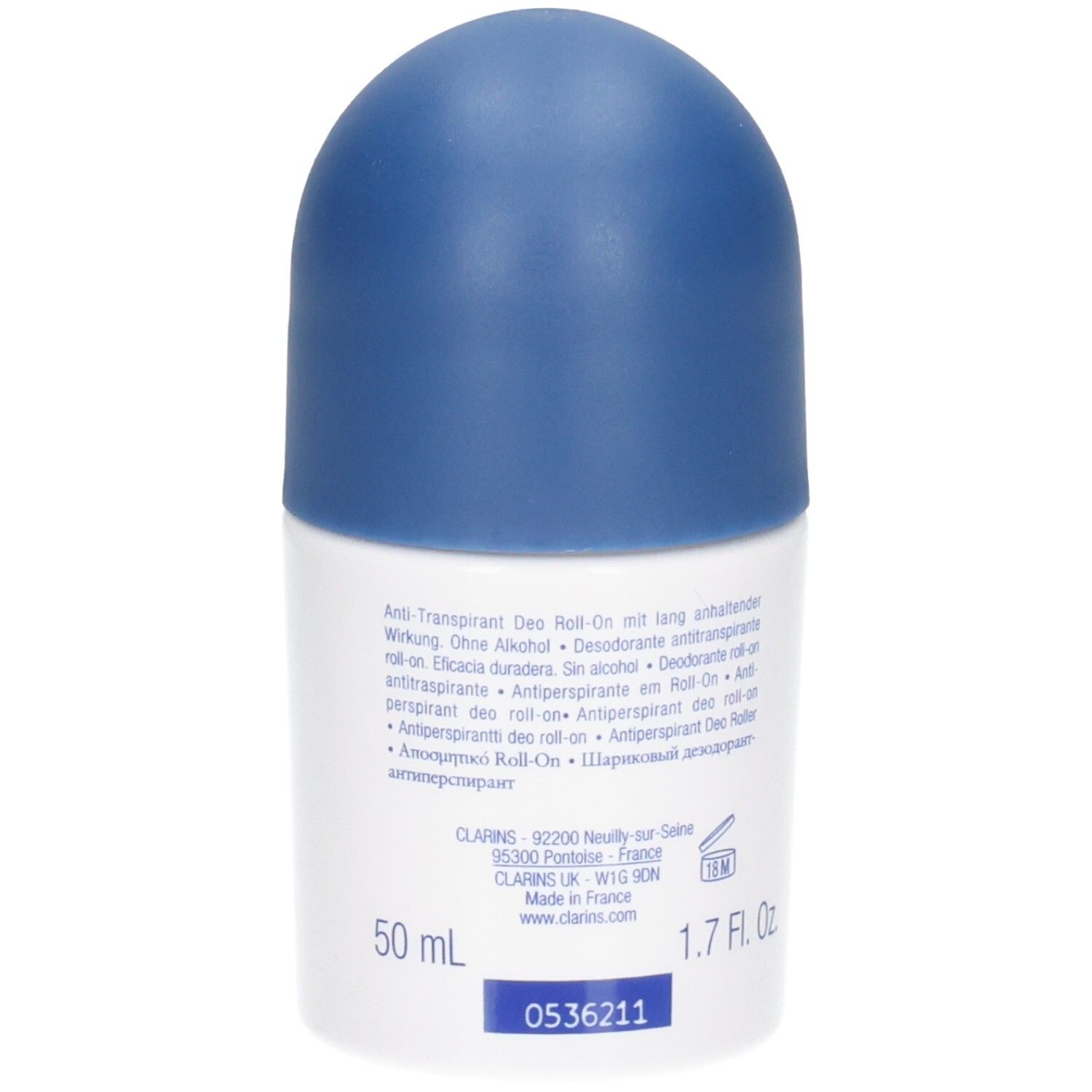 Weißer Roll-on Deodorant Behälter mit blauer Kappe. 50 ml.