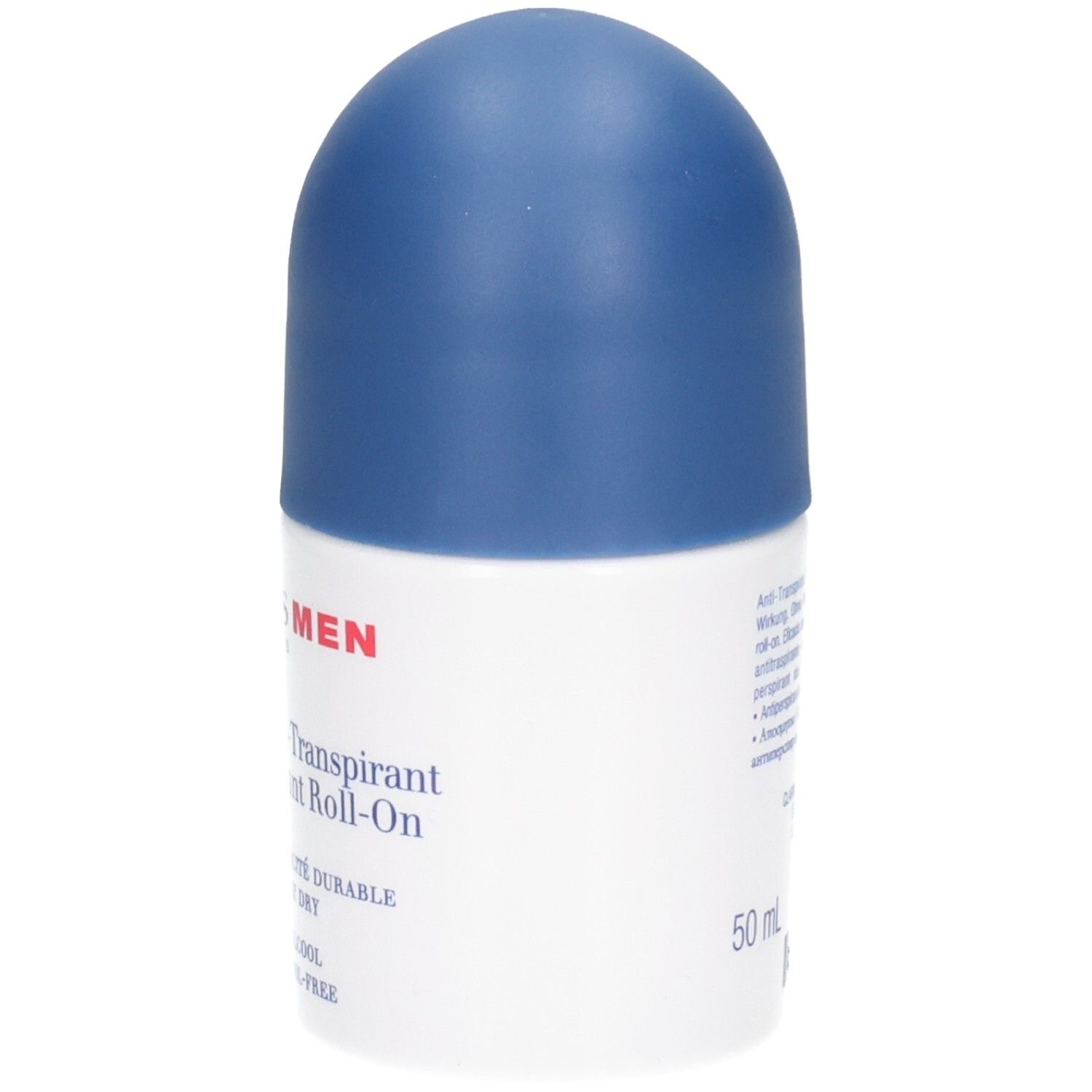 Weiße Roll-on-Deodorantflasche für Männer mit blauem Deckel. 50 ml.
