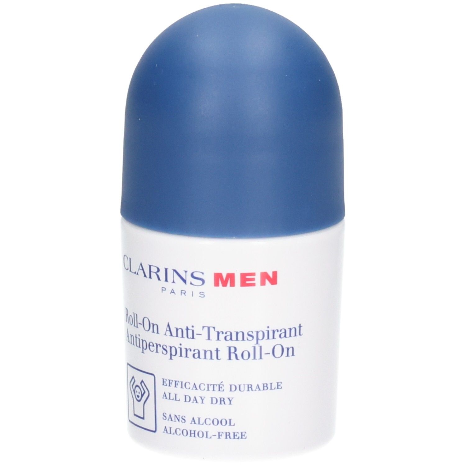 Clarins Men Roll-On Antitranspirant, weißer Behälter mit blauem Deckel. Alkohol-frei.