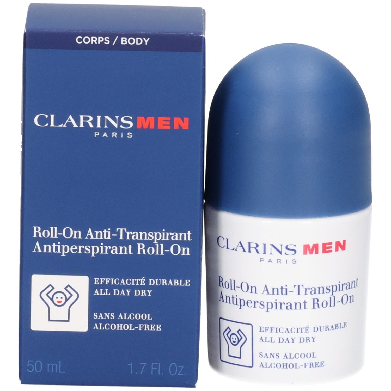 Clarins Men Roll-On Antitranspirant, 50 ml, in blauer Verpackung.