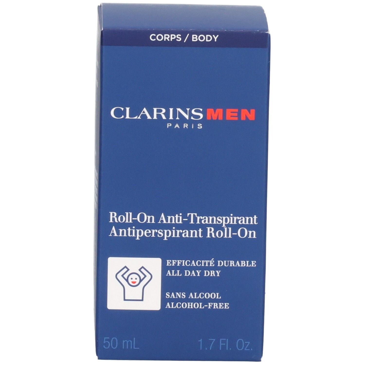 Clarins Men Roll-On Antitranspirant, 50 ml. Blaue Verpackung mit weißer und roter Schrift.
