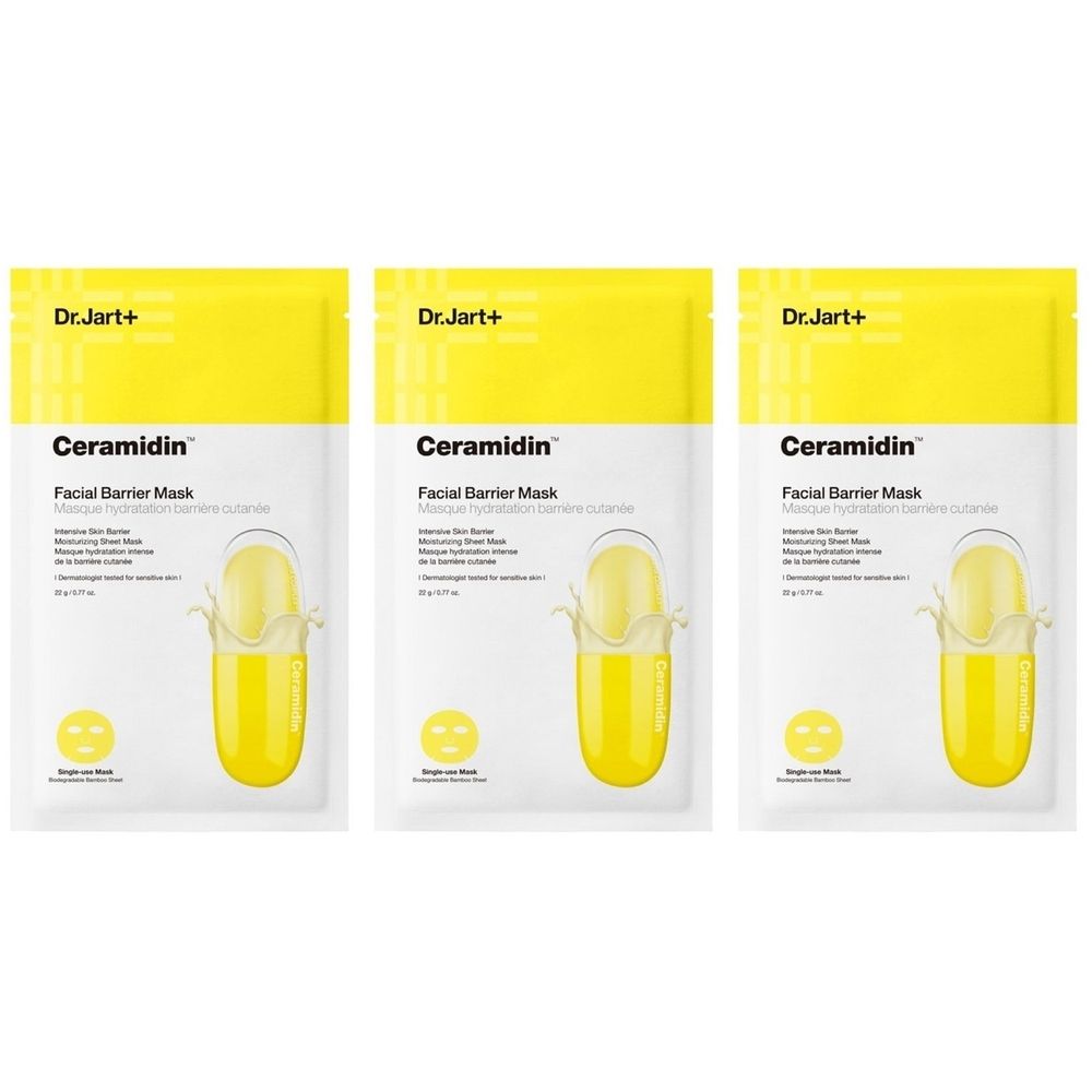 Drei Dr.Jart+ Ceramidin Masken. Gelbe Verpackung mit Produktnamen und Abbildung einer Kapsel. Einzelmasken.
