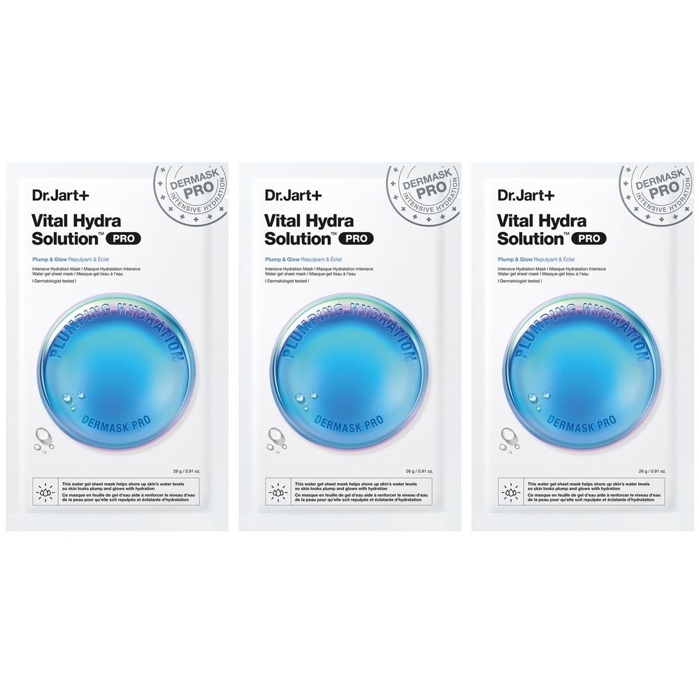 Drei einzeln verpackte Gesichtsmasken. Auf jeder Verpackung steht "Dr.Jart+ DERMASK™ Vital Hydra Solution Pro". Blaue, runde Abbildung.