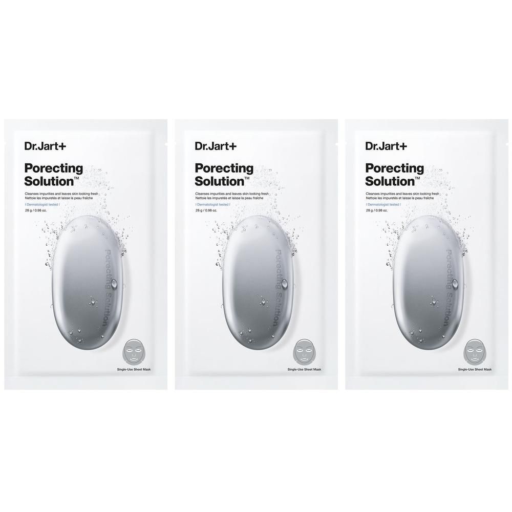 Drei weiße Beutel mit Dr.Jart+ Porecting Solution. Jedes Beutel zeigt ein ovales Design und Produktnamen.