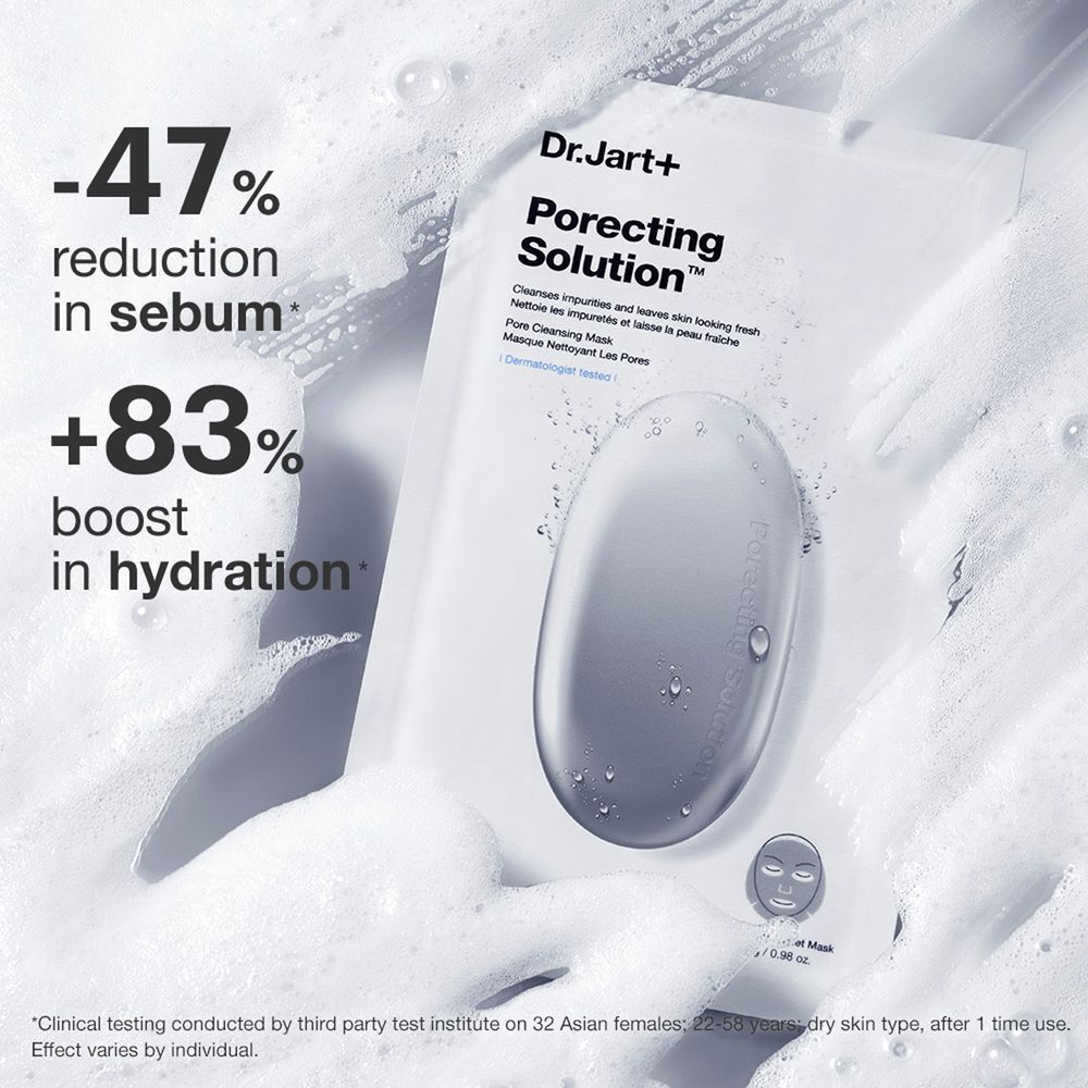 Dr.Jart+ Porecting Solution Maske in weißer Verpackung. Text zeigt -47% Reduzierung von Talg und +83% Feuchtigkeitssteigerung.