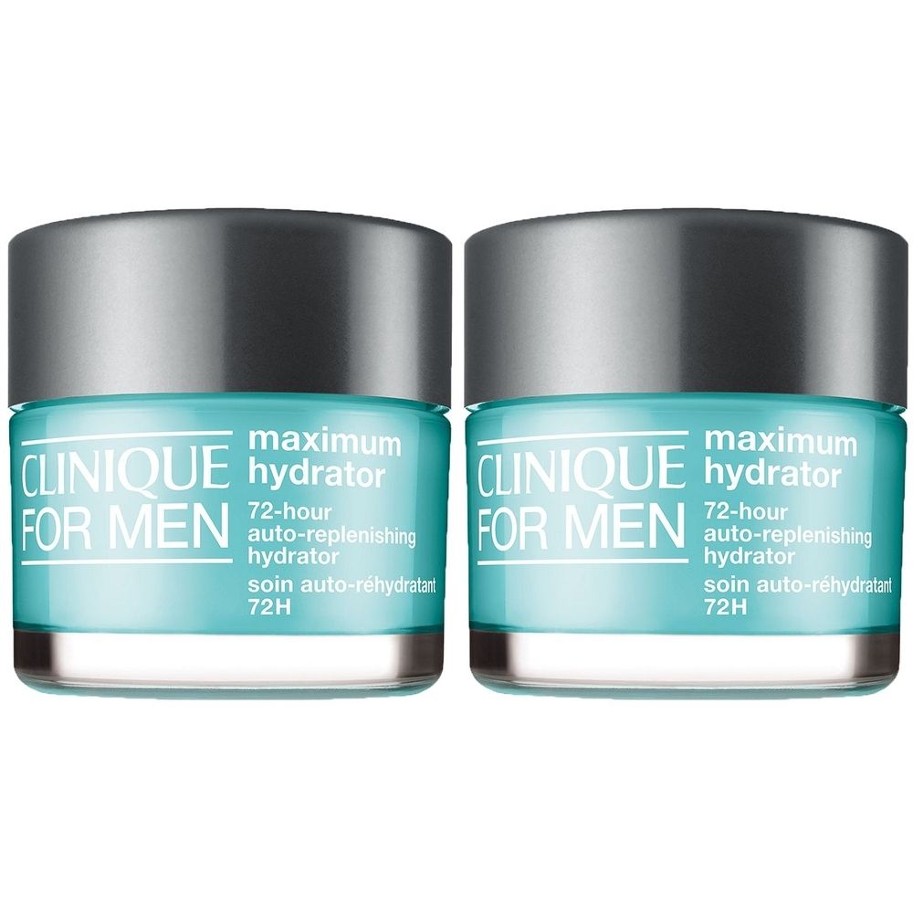 Zwei Tiegel CLINIQUE FOR MEN Maximum Hydrator. Türkisgrünes Glas, silberner Deckel. Aufschrift: Maximum Hydrator, 72-Stunden-Feuchtigkeitspflege.