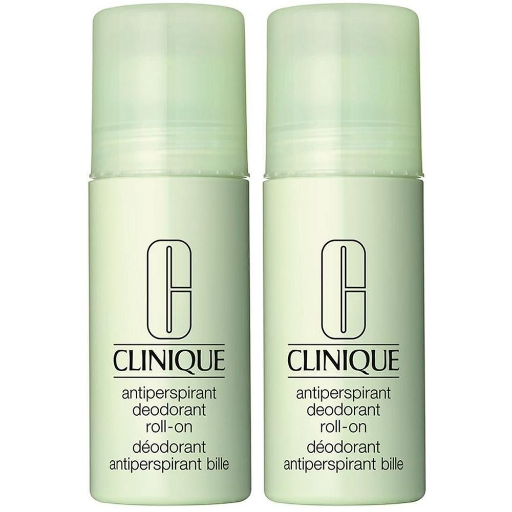 Zwei Roll-On-Deodorants von CLINIQUE. Hellgrüne Flaschen mit weißer Schrift. Produktname und Logo deutlich sichtbar.