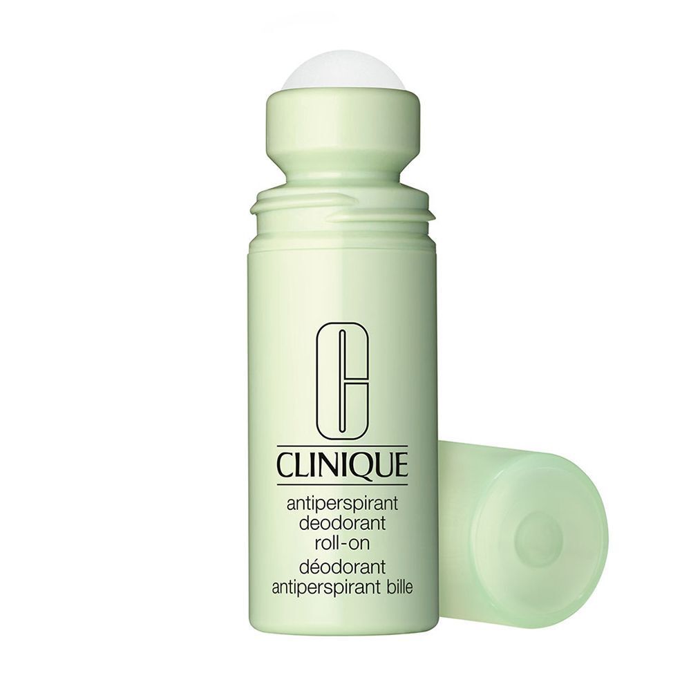 Ein Roll-On-Deo von CLINIQUE, geöffnet. Hellgrüne Flasche mit weißer Schrift. Deckel daneben.
