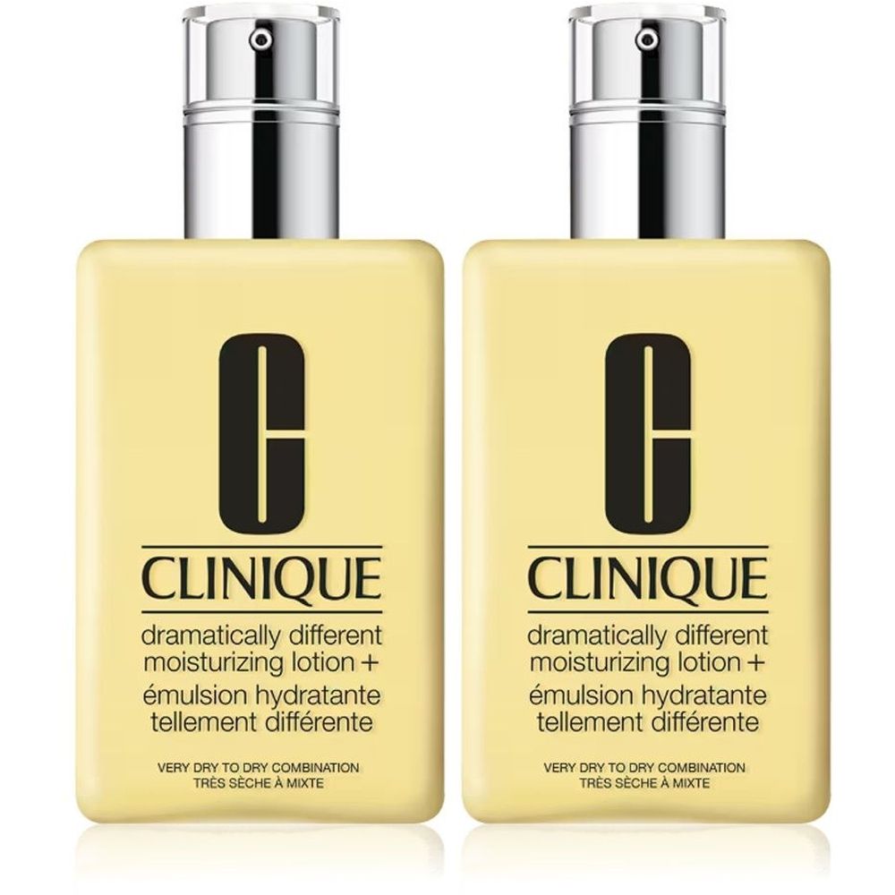 Zwei Flaschen Clinique Dramatically Different Moisturizing Lotion+. Gelbe Flaschen mit schwarzem Logo und Text.