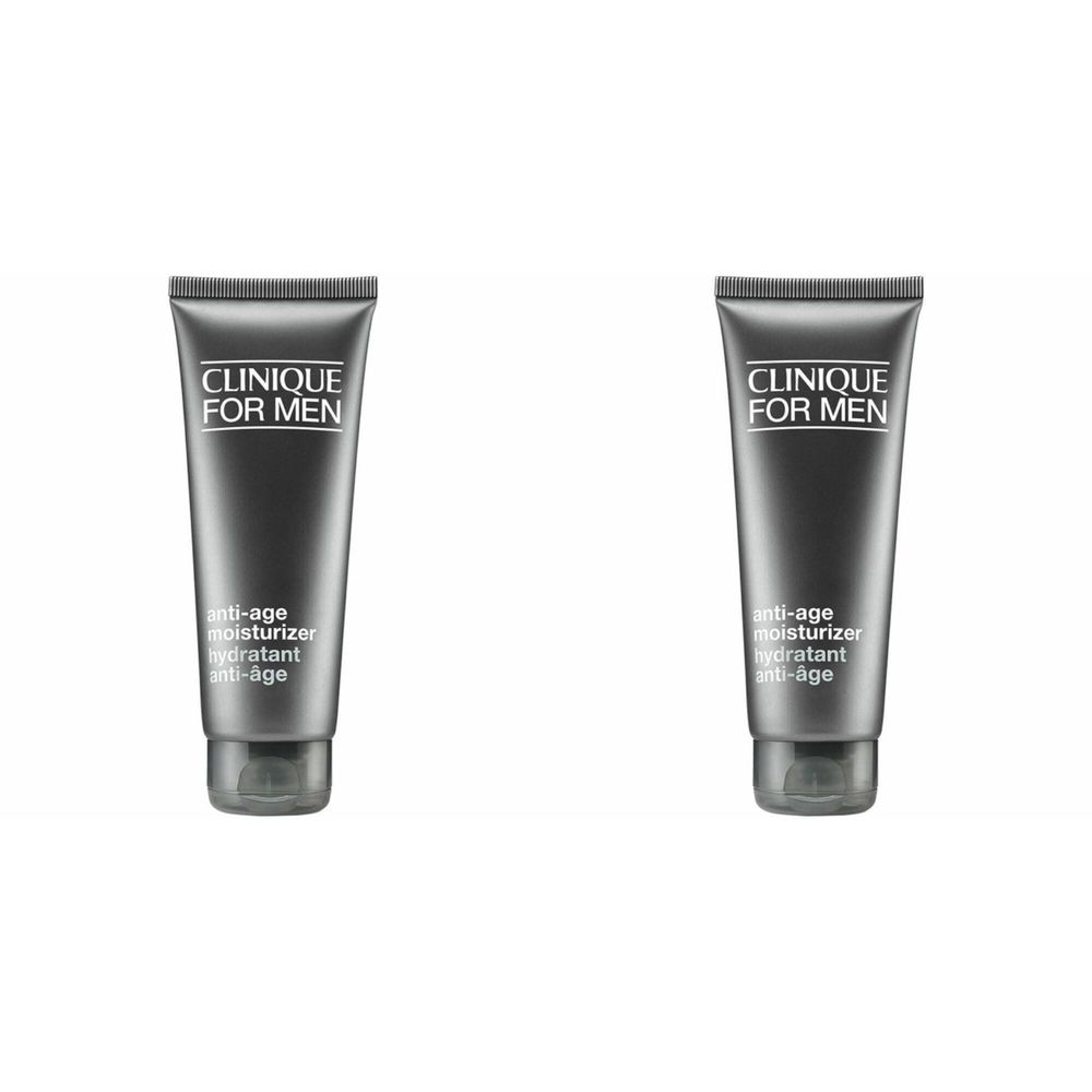 Zwei graue Tuben mit dem Aufdruck "CLINIQUE FOR MEN". Darunter steht "anti-age moisturizer hydratant anti-âge".