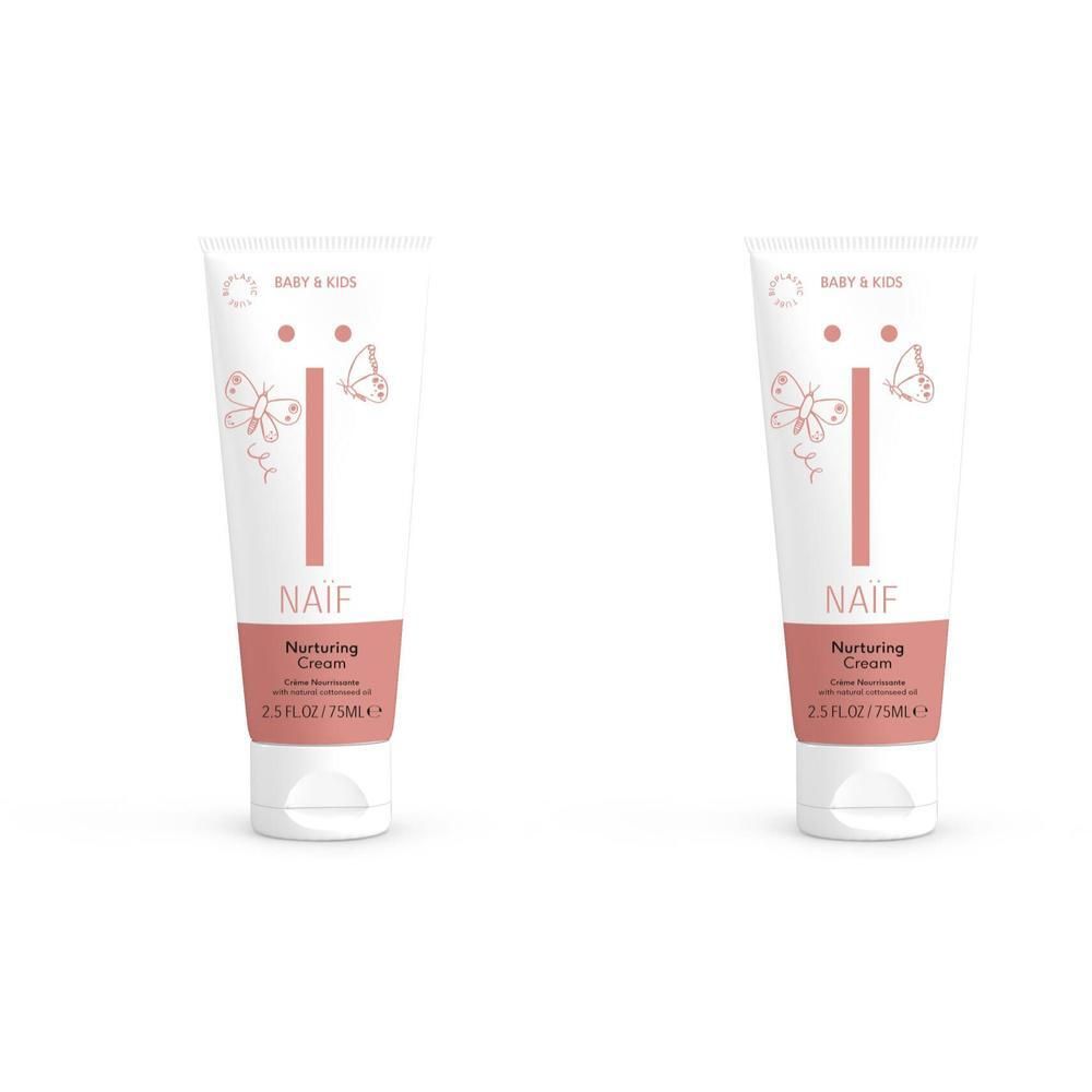 Zwei Tuben Babycreme. Weiß, mit rosa Akzenten und Aufdrucken. Schriftzug: NAÏF, Nurturing Cream.