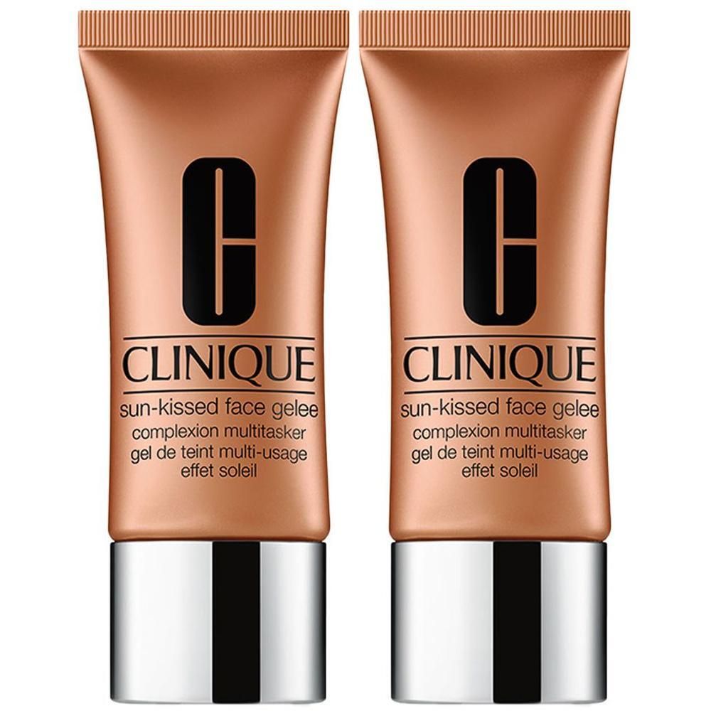 Zwei Tuben CLINIQUE Gel de teint multi-usage - Effet soleil. Bronze-farbene Tuben mit silbernen Verschlüssen. Schwarzes Logo und Text.