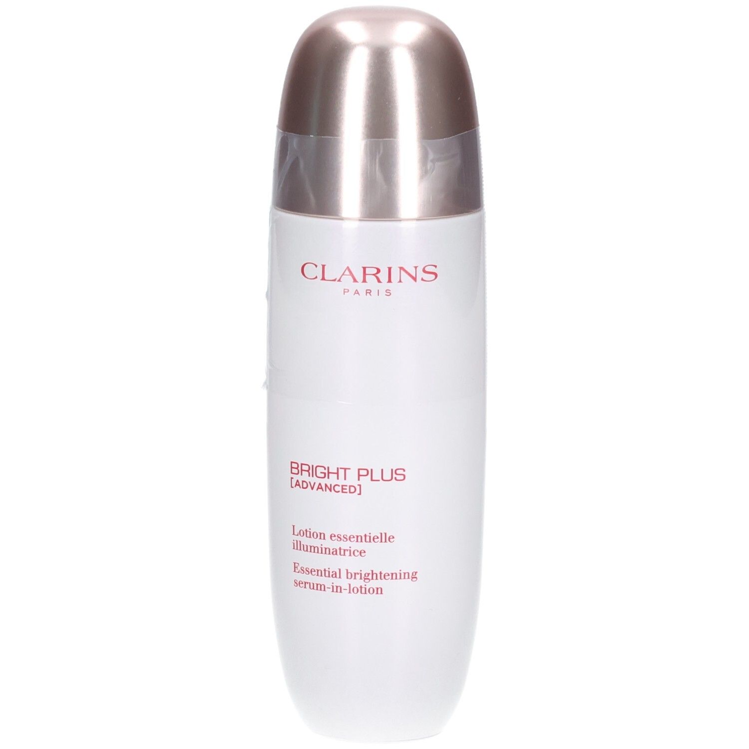 Clarins Bright Plus Serum-in-Lotion Flasche mit silbernem Verschluss. Text: CLARINS, BRIGHT PLUS [ADVANCED].