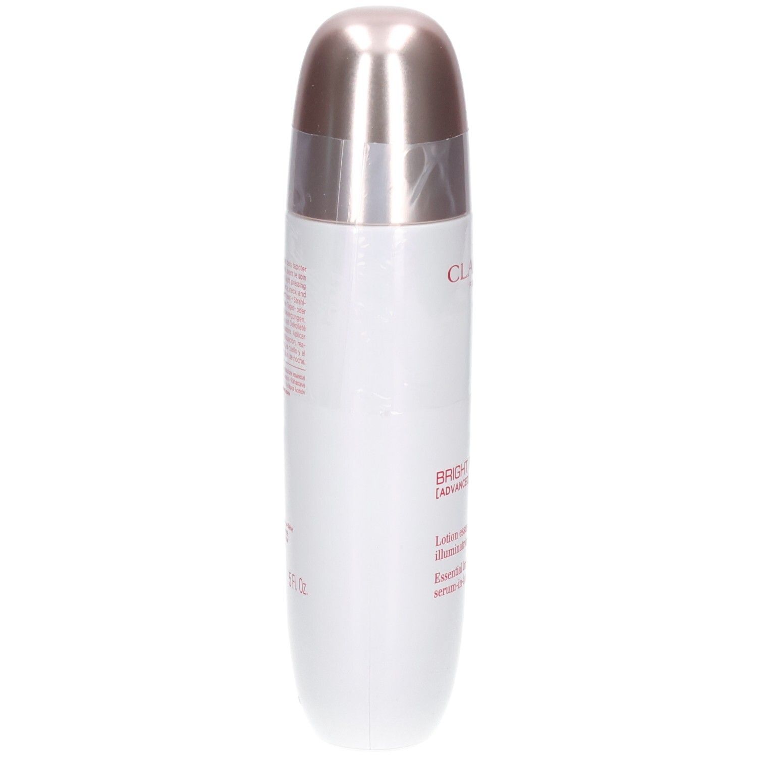 Clarins Bright Plus Serum-in-Lotion Flasche, Seitenansicht. Text: CLARINS, BRIGHT PLUS [ADVANCED].