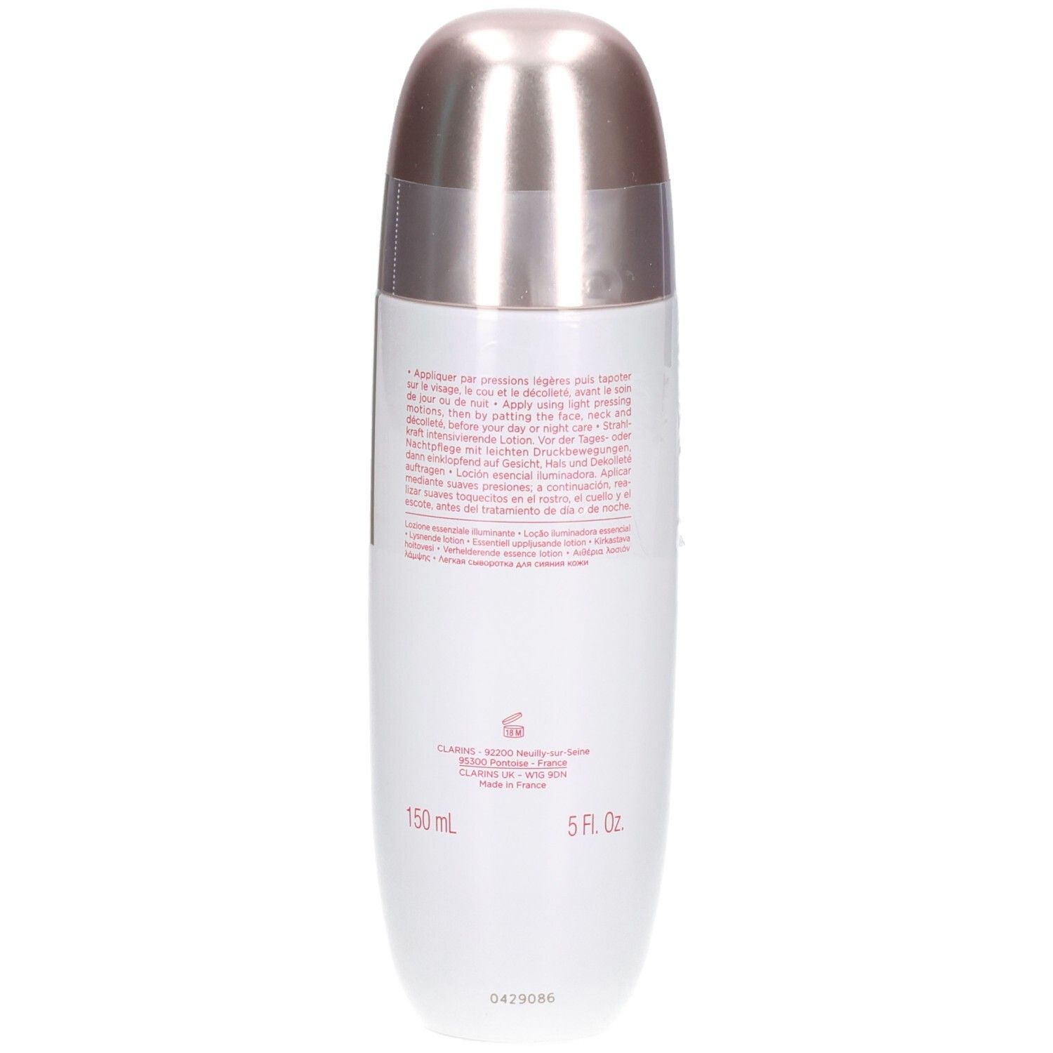 Rückseite der Clarins Bright Plus Serum-in-Lotion Flasche. Enthält Anwendungshinweise und 150ml / 5 Fl. Oz.