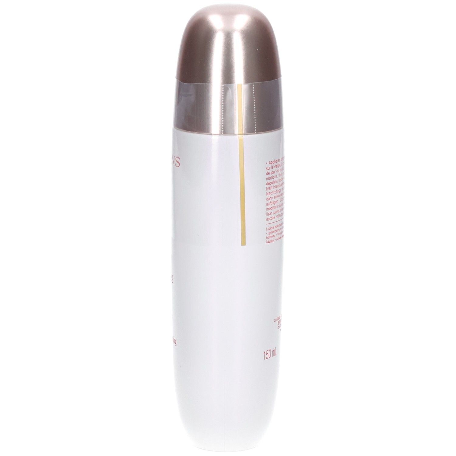 Clarins Bright Plus Serum-in-Lotion Flasche, schräge Seitenansicht. Text: CLARINS, BRIGHT PLUS [ADVANCED].