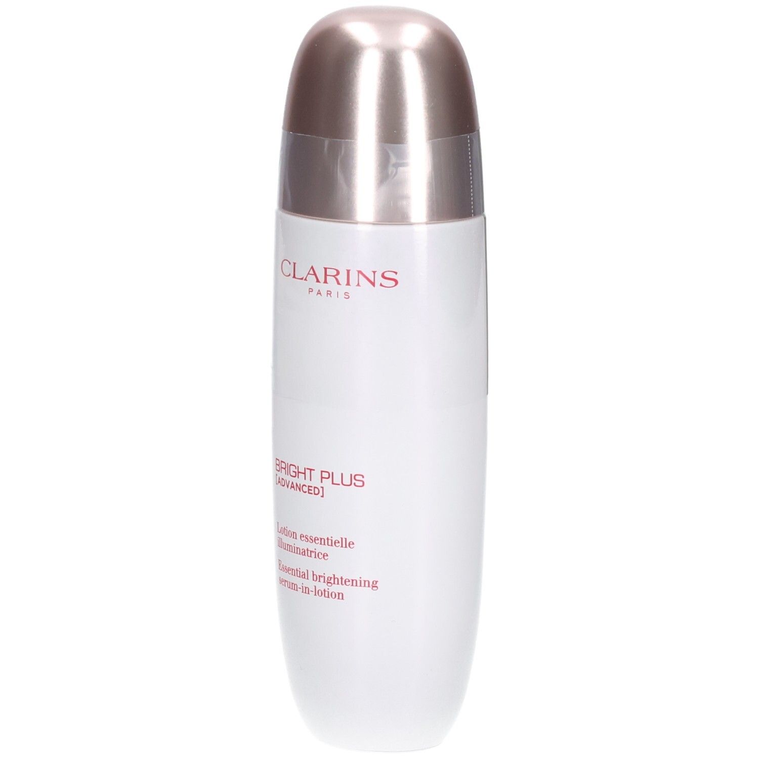 Clarins Bright Plus Serum-in-Lotion Flasche mit silbernem Verschluss. Text: CLARINS, BRIGHT PLUS [ADVANCED].