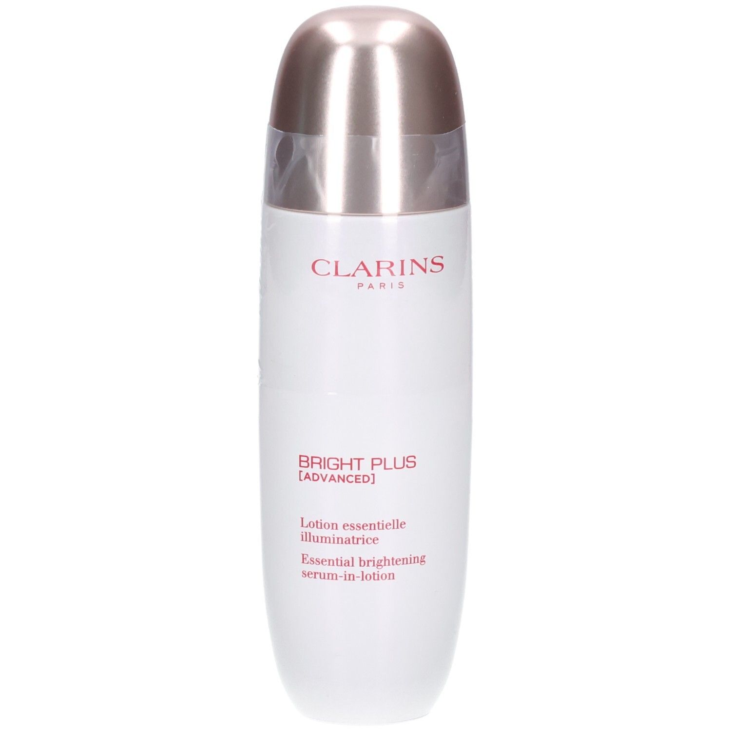 Clarins Bright Plus Serum-in-Lotion Flasche mit silbernem Verschluss. Text: CLARINS, BRIGHT PLUS [ADVANCED].