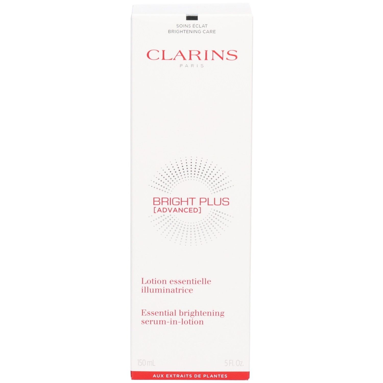 Verpackung Clarins Bright Plus Serum-in-Lotion. Text: CLARINS, BRIGHT PLUS [ADVANCED], Lotion essentielle illuminatrice.