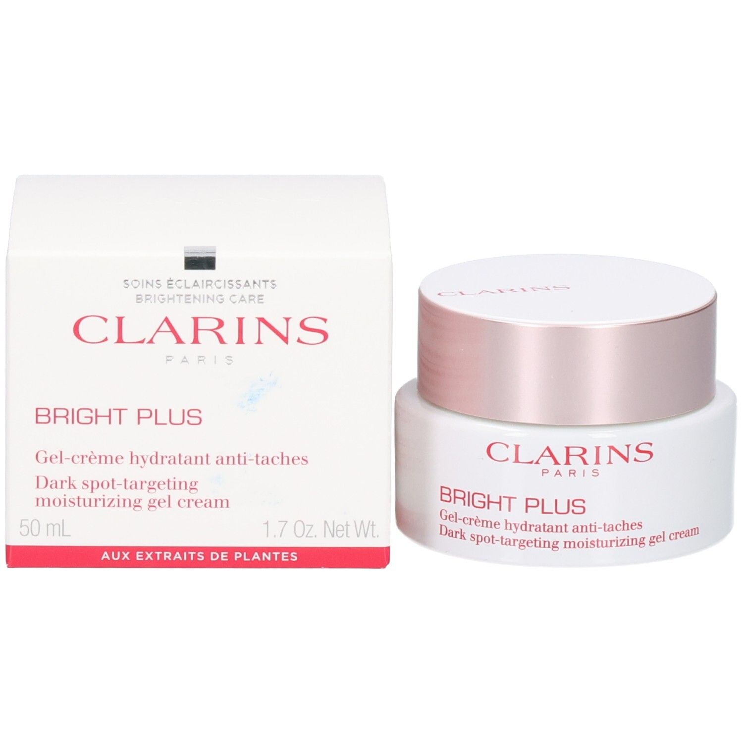Clarins Bright Plus Feuchtigkeitsgel-Creme gegen Pigmentflecken, mit Verpackung.