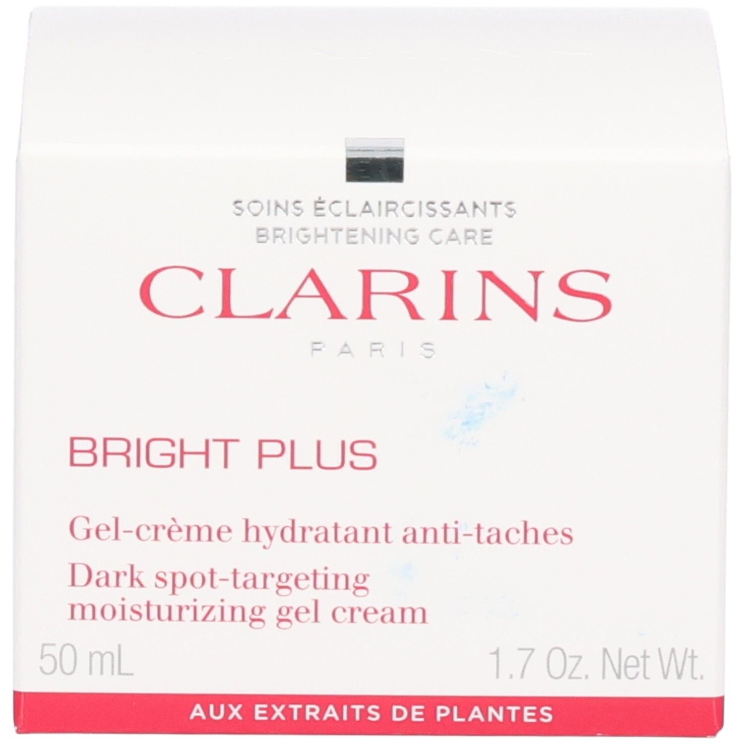 Clarins Bright Plus Feuchtigkeitsgel-Creme gegen Pigmentflecken, mit Verpackung.