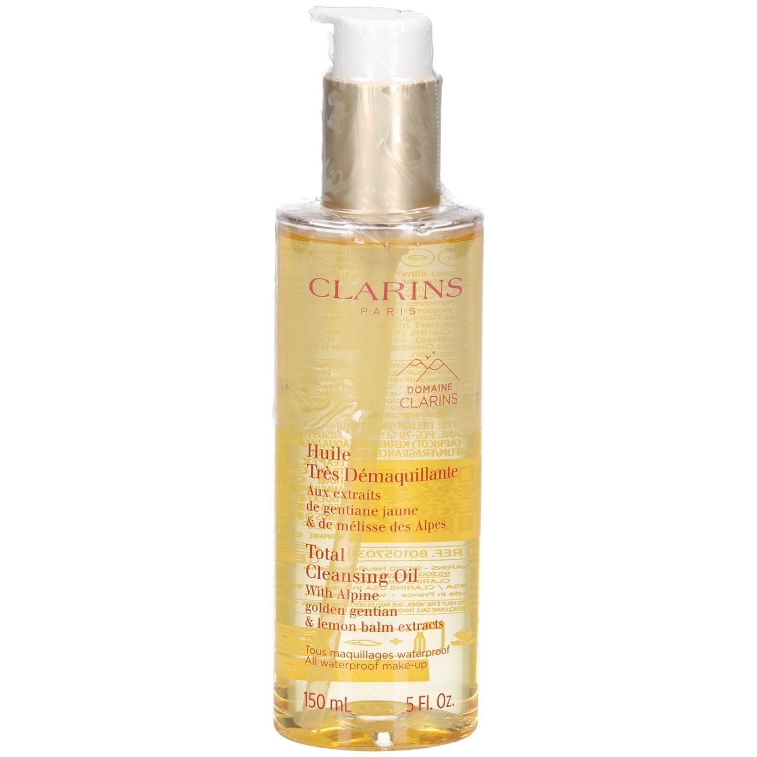 Clarins Total Cleansing Oil: goldene Flüssigkeit in Pumpspenderflasche mit Etikett.
