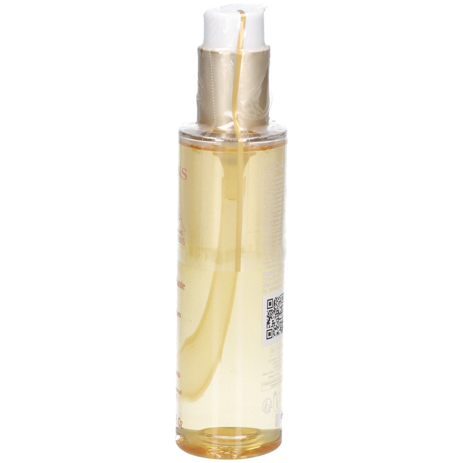 Clarins Total Cleansing Oil: goldene Flüssigkeit in Pumpspenderflasche, Seitenansicht.