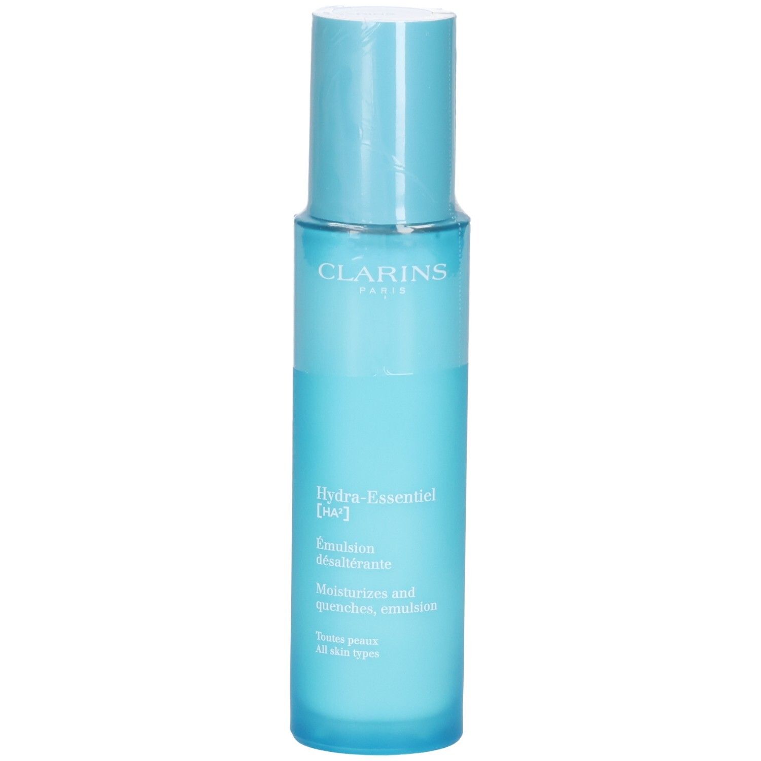 Clarins Hydra-Essentiel HA² Émulsion désaltérante, 75ml. Blaue Flasche mit Pumpspender.