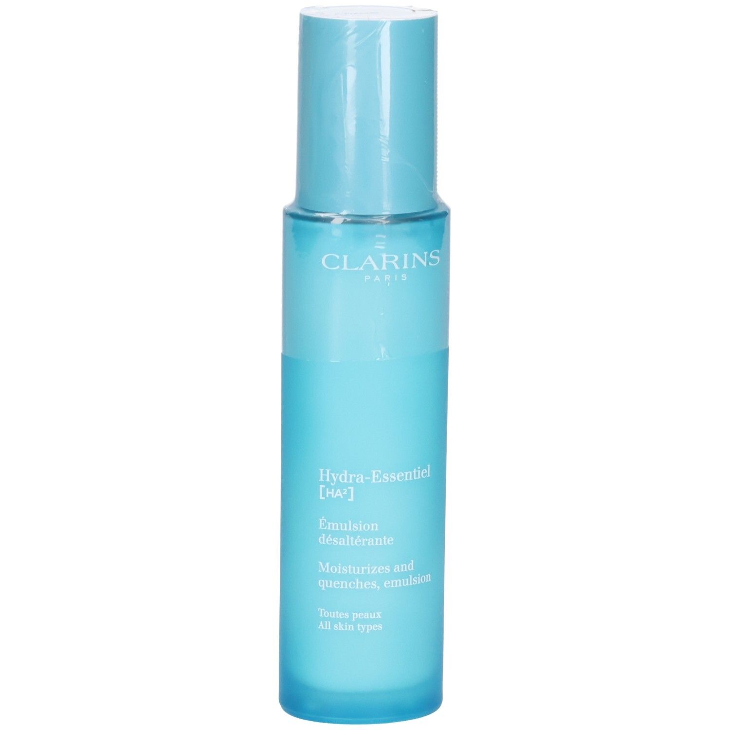 Clarins Hydra-Essentiel HA² Émulsion désaltérante, 75ml. Blaue Flasche mit Pumpspender.